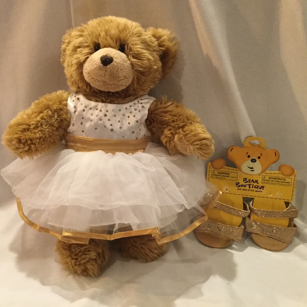 Build-A-Bear White Satin Dress Gold Trim and Gold Glitter Shoes - Excellent